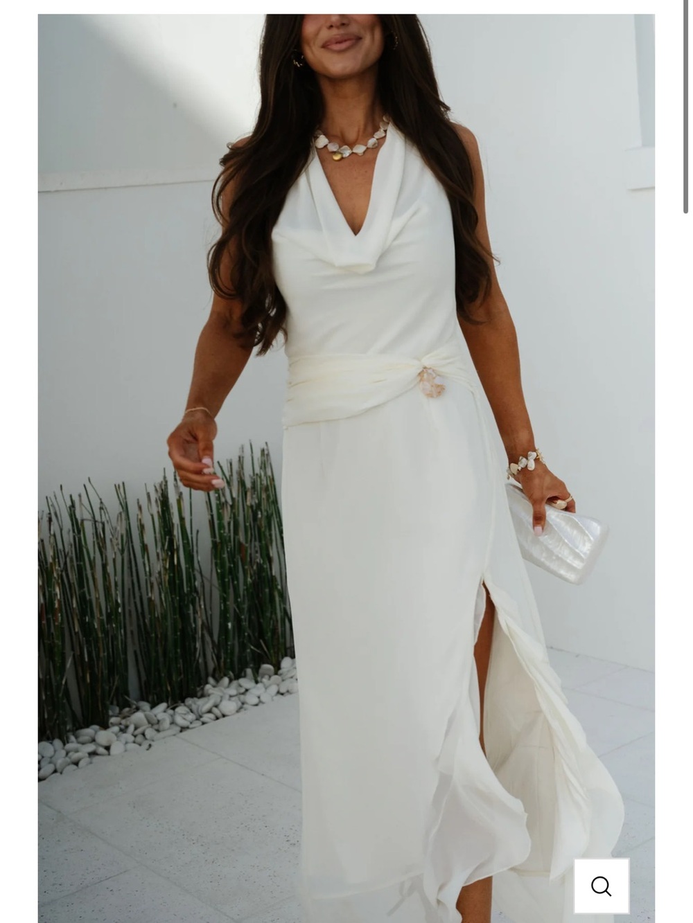 Elegant White Cowl Neck Shell Maxi Dress